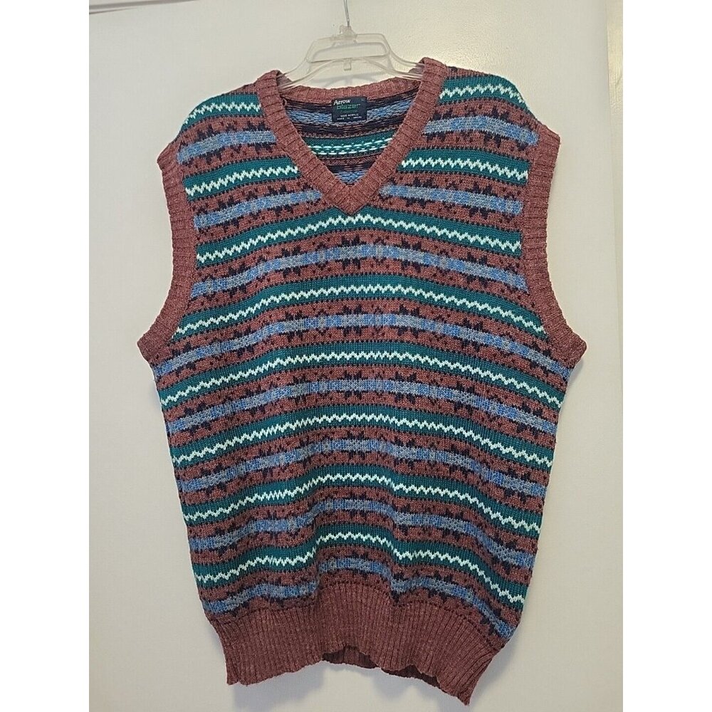Vintage Men's Arrow Fairisle Vest V Neck Burnt Orange Green Blue XL
